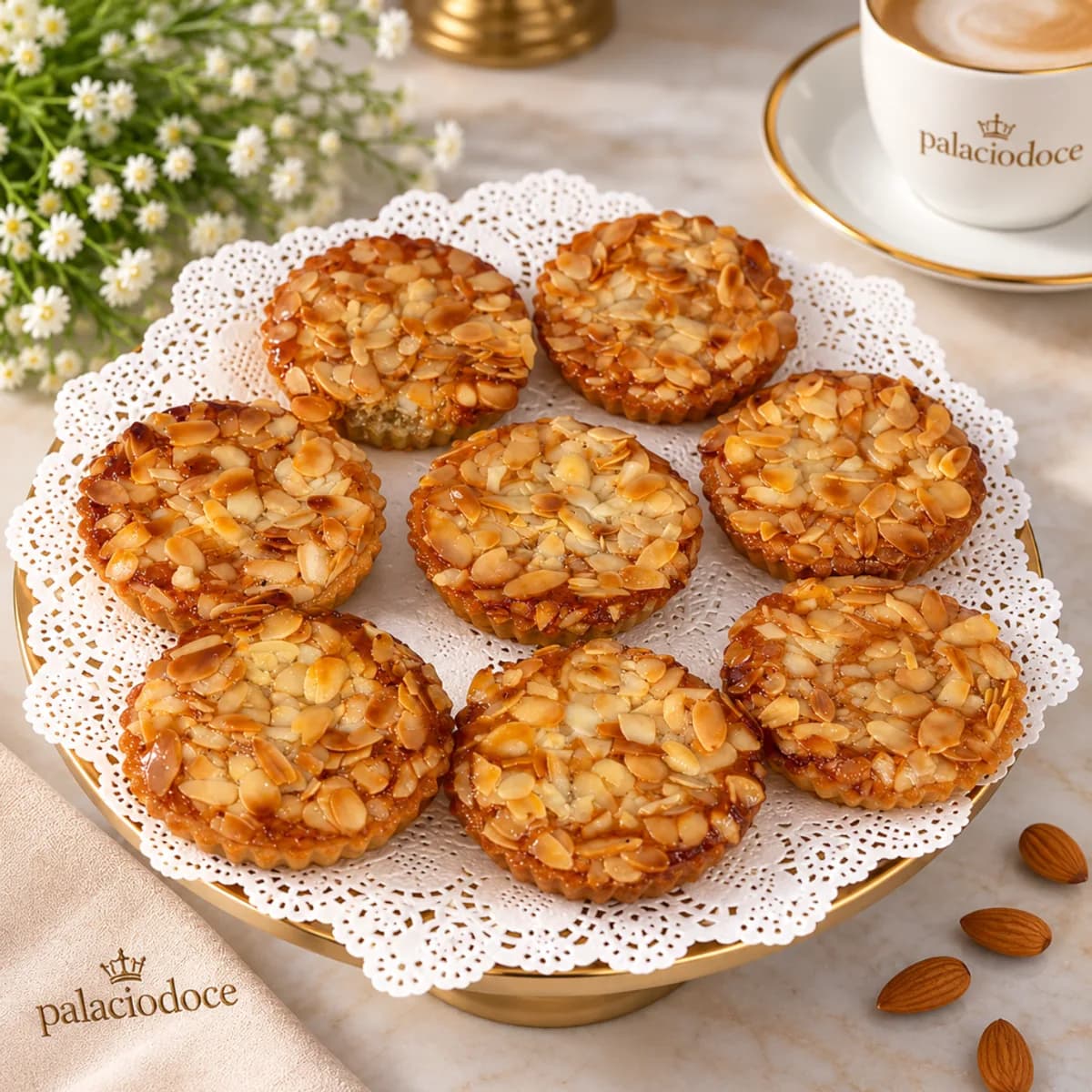 Tarteletes de amêndoa laminada caramelizada dispostas num prato dourado