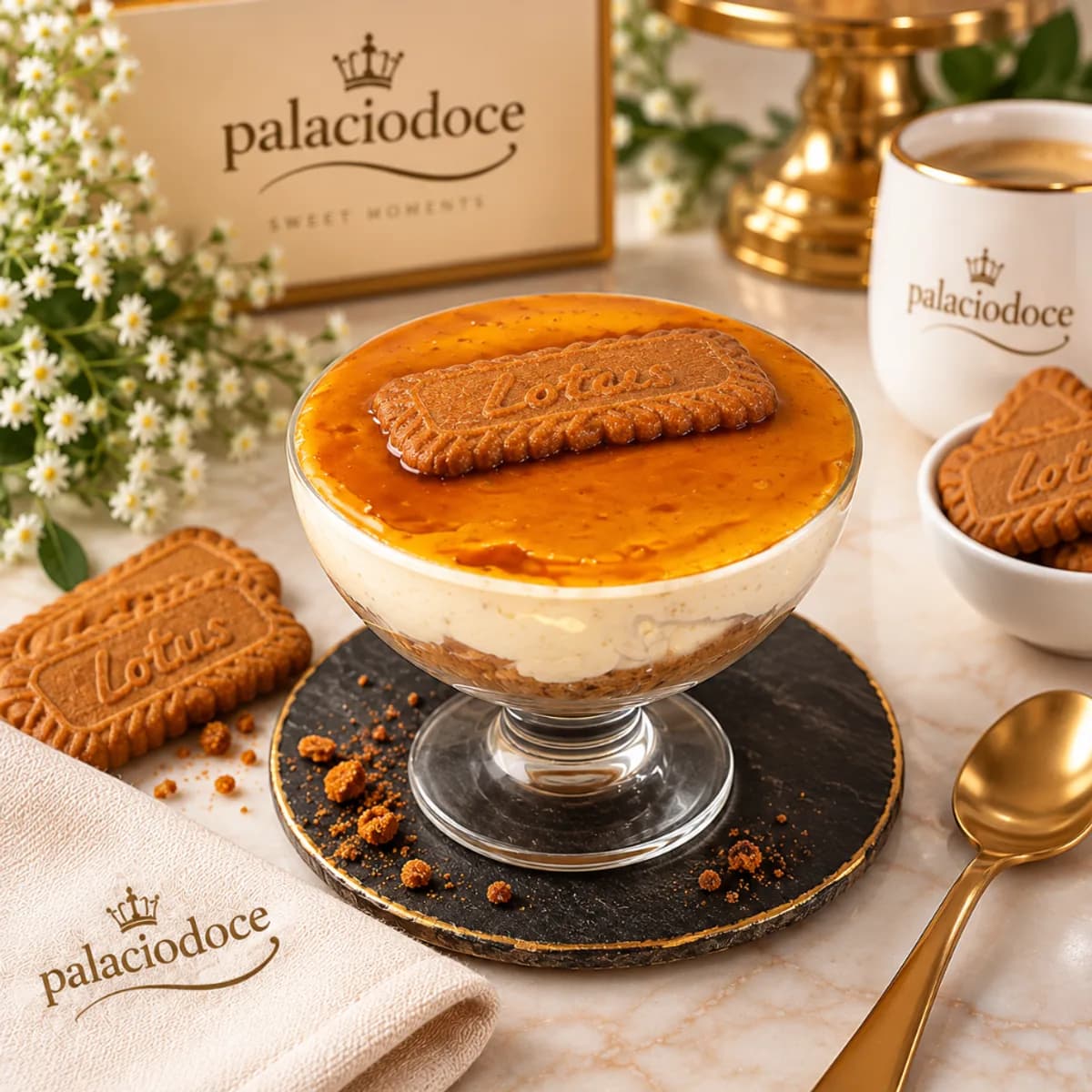Copo de sobremesa com creme e bolacha Lotus caramelizada