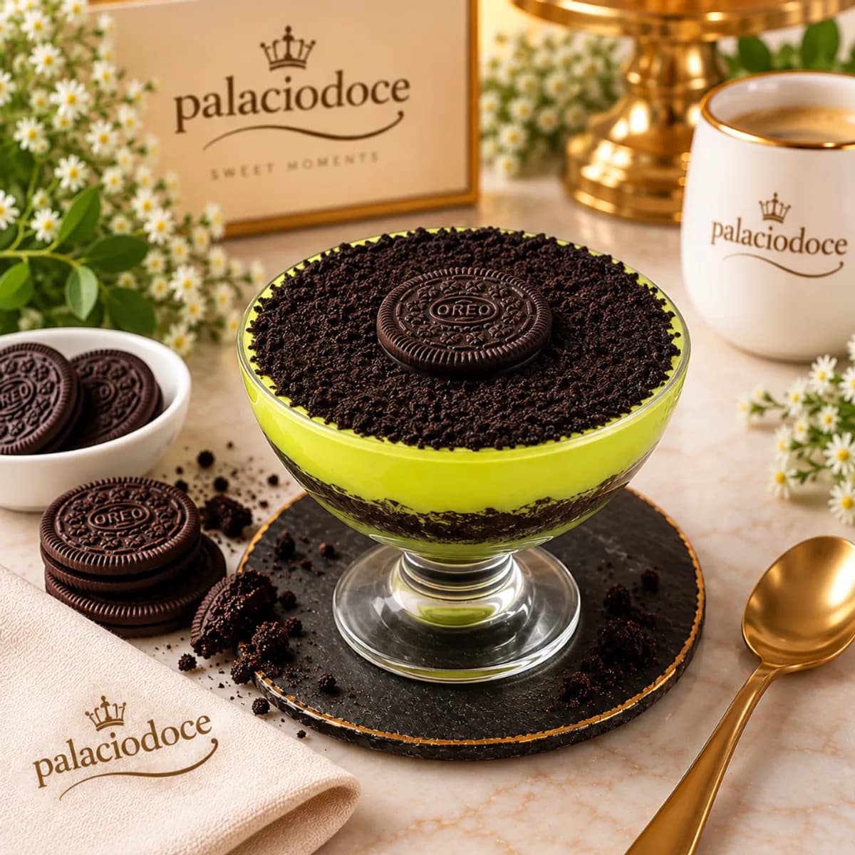 Copo de sobremesa de matcha com bolacha de cacau esmigalhada
